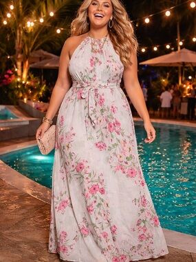 🌸 R&K Floral Halter Maxi Dress – Size 16 🌸